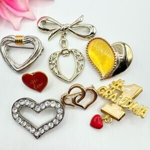 Vintage 7 Piece Heart Brooch Pin Lot Mixed Metal Grandma Love Valentine’s Day